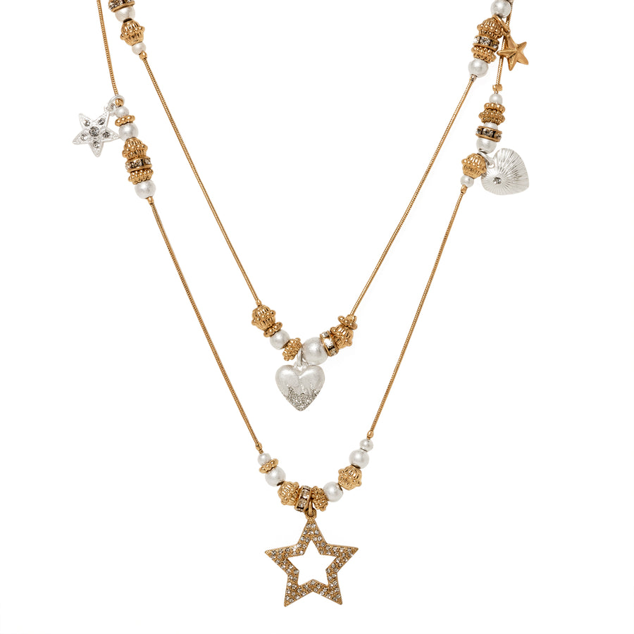 Gold and Silver 'Hearts and Stars' Long Layered Necklace