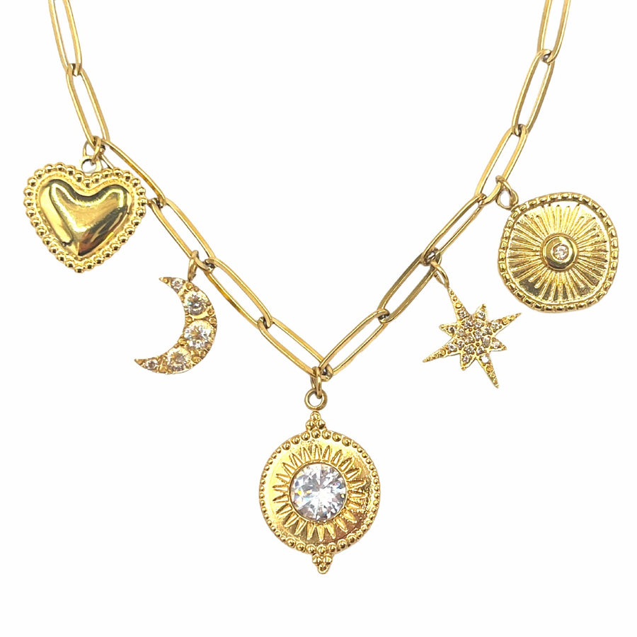 Gold 'Celestial' Stainless Steel Charm Necklace