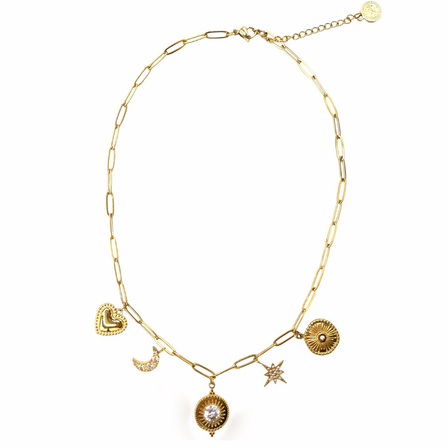 Gold 'Celestial' Stainless Steel Charm Necklace