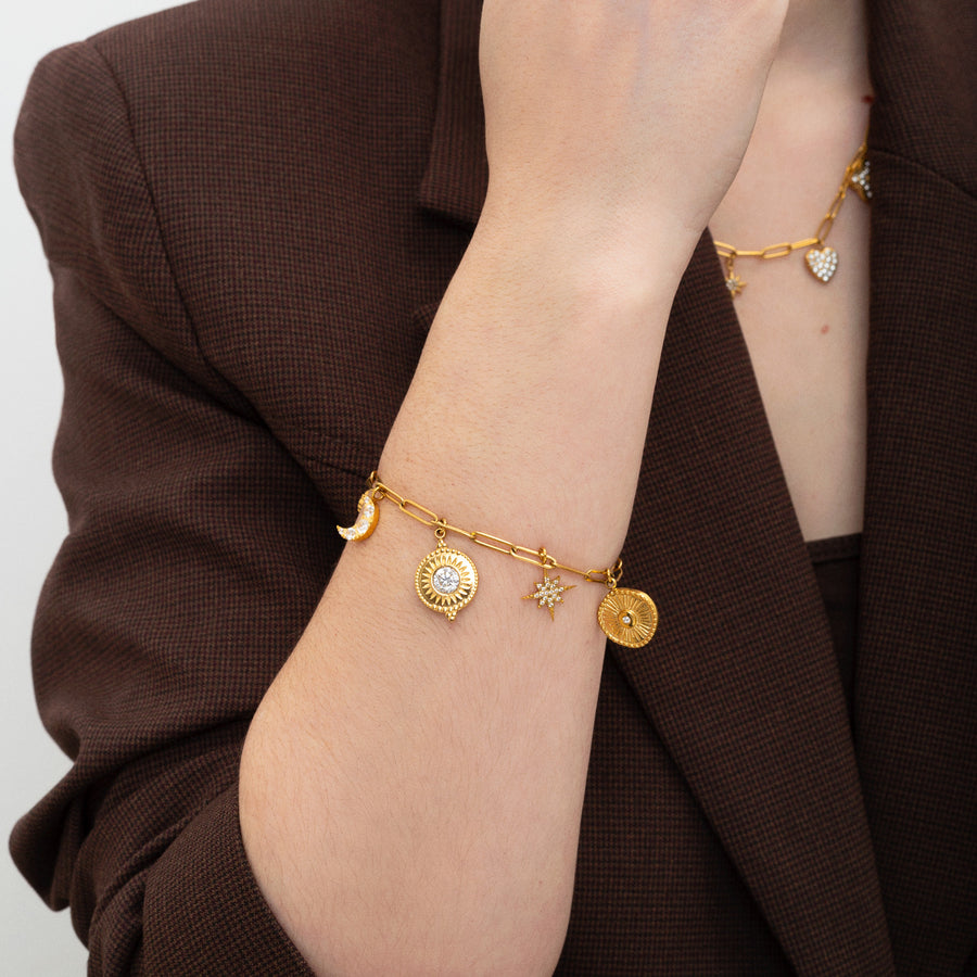 Gold 'Celestial' Stainless Steel Charm Bracelet