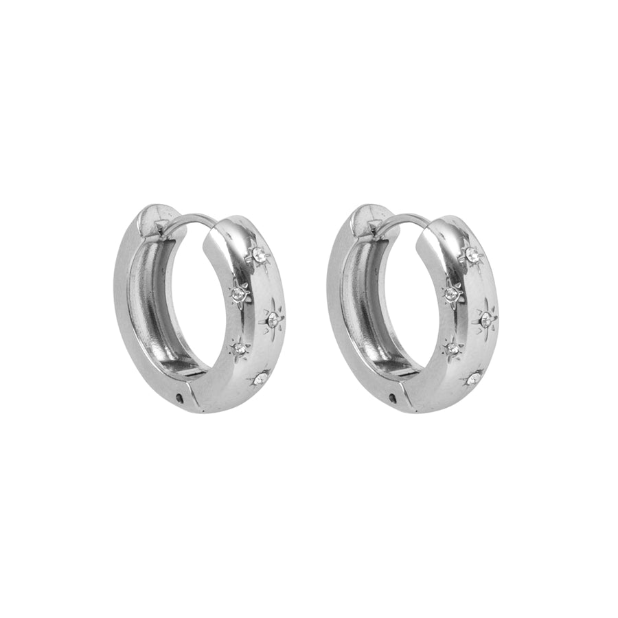 Silver 'Pavé Star' Stainless Steel Hoop Earrings