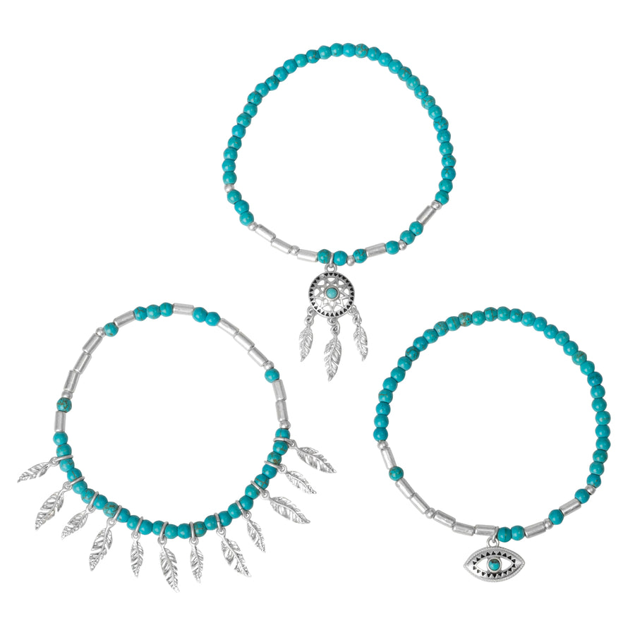 Silver Dreamcatcher Beaded Bracelet Set